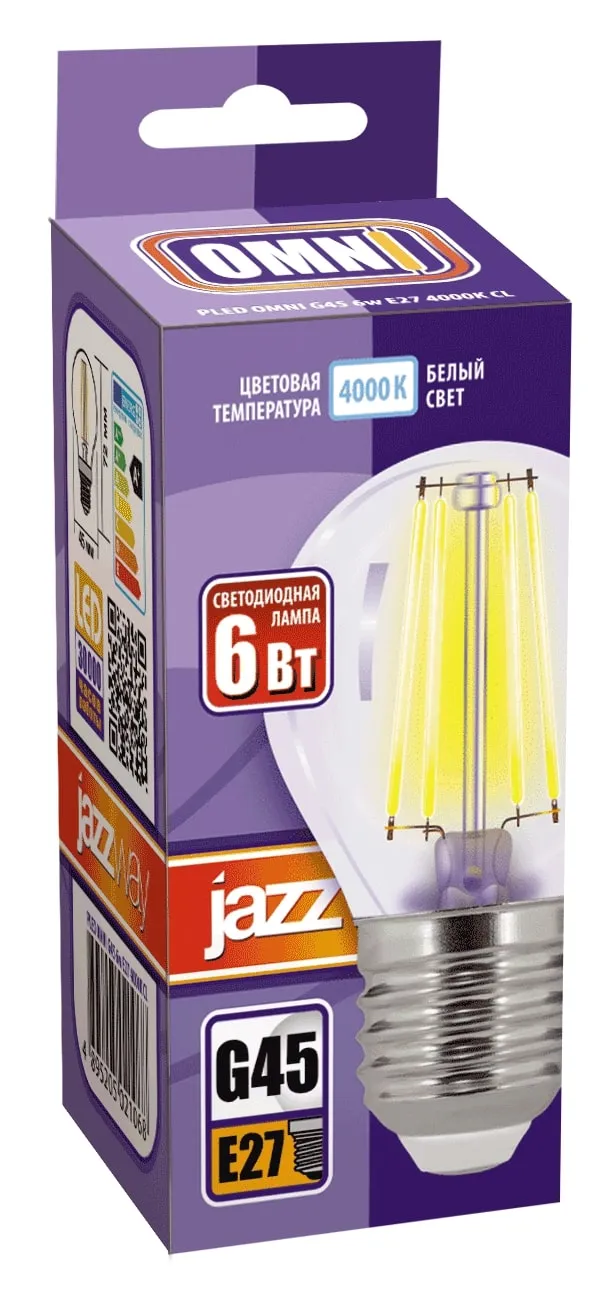 Лампа светодиодная филаментная PLED OMNI 6Вт G45 4000К нейтр. бел. E27 230В/50Гц CL JazzWay 5021068