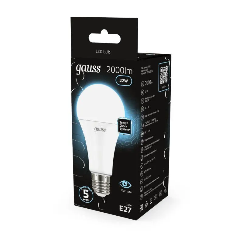 Лампа светодиодная Black 22Вт A70 грушевидная 4100К нейтр. бел. E27 2000лм GAUSS 102502222