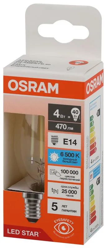 Лампа светодиодная, филаментная 4 Вт E14 6500 K 470 Lm 300 град. LED Star OSRAM 4058075687943