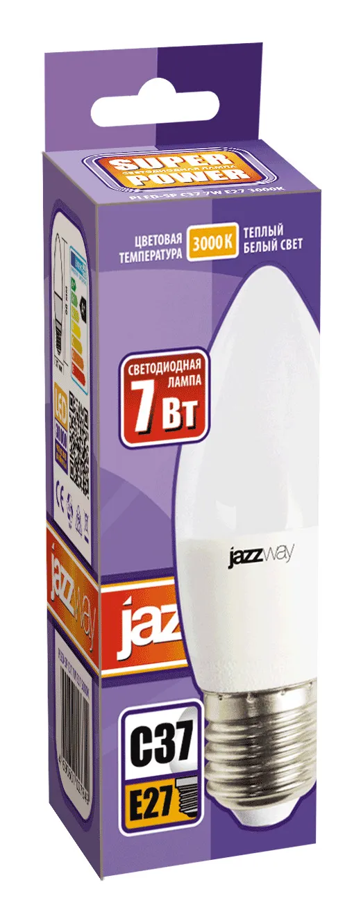Лампа светодиодная LED 7Вт Е27 220В 3000К PLED- SP C37 свеча | 1027825-2 | Jazzway