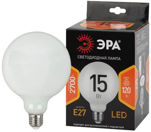 Лампа светодиодная F-LED G125-15w-827-E27 OPAL (филамент, шар опал, 15Вт, тепл, E27) | Б0047038 | ЭР