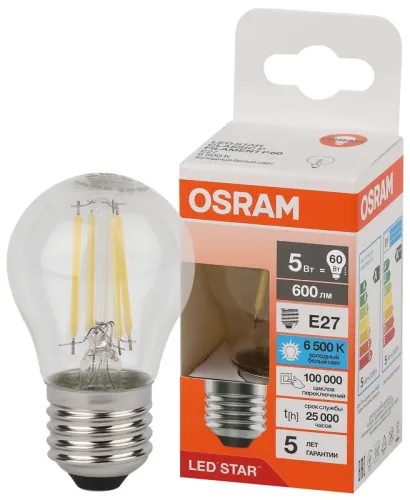 Лампа светодиодная, филаментная 5 Вт E27 6500 K 600 Lm 300 град. LED Star OSRAM 4058075688315
