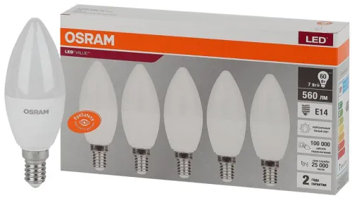Лампа светодиодная LED Value LVCLB60 7SW/840 7Вт свеча матовая E14 230В 2х5 RU (уп.5шт) OSRAM 405807