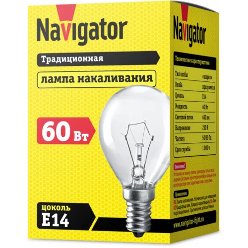 Лампа накаливания ЛОН 60Вт Е14 230В NI-C-60-230-E14-CL (КНР) | 94316 | Navigator