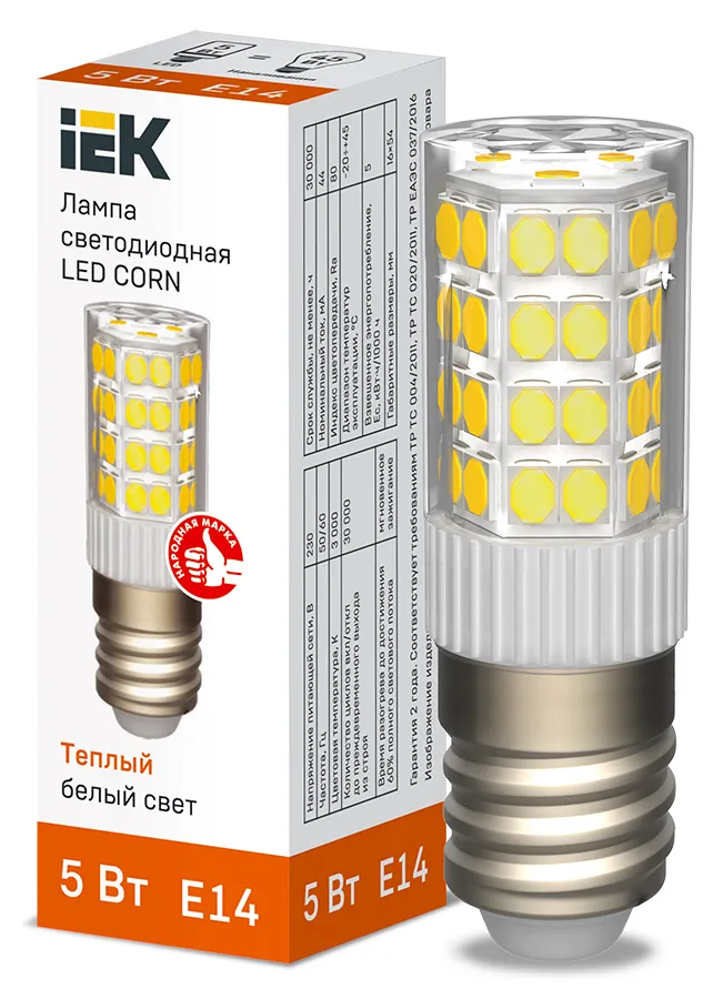 Лампа светодиодная CORN капсула 5Вт 230В 3000К керамика E14 IEK | LLE-CORN-5-230-30-E14 | IEK