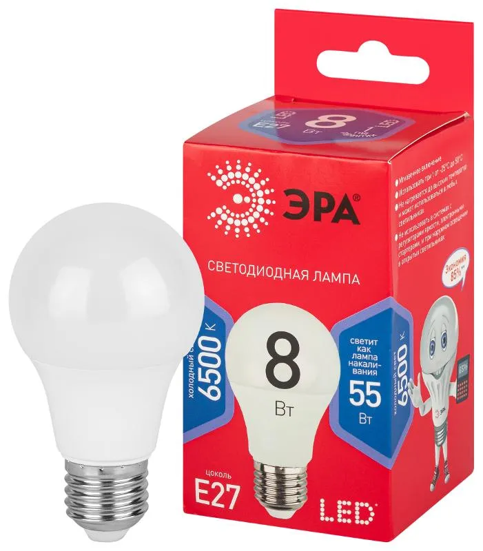 Лампа светодиодная ЭКО LED A60-8W-865-E27 R (диод, груша, 8Вт, хол, E27) | Б0045323 | ЭРА