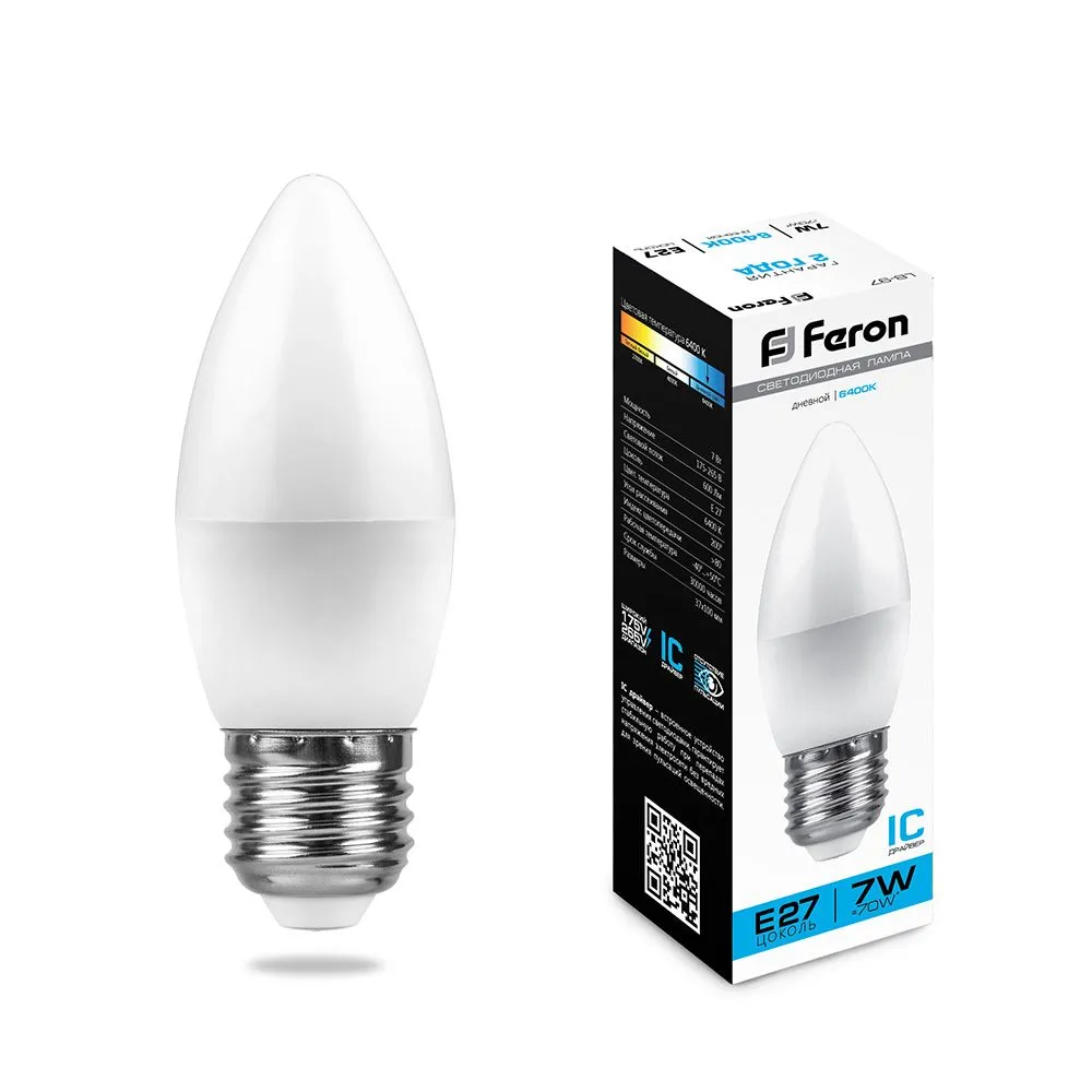 Лампа светодиодная LB-97 7Вт C37 свеча 6400К E27 230В FERON 25883