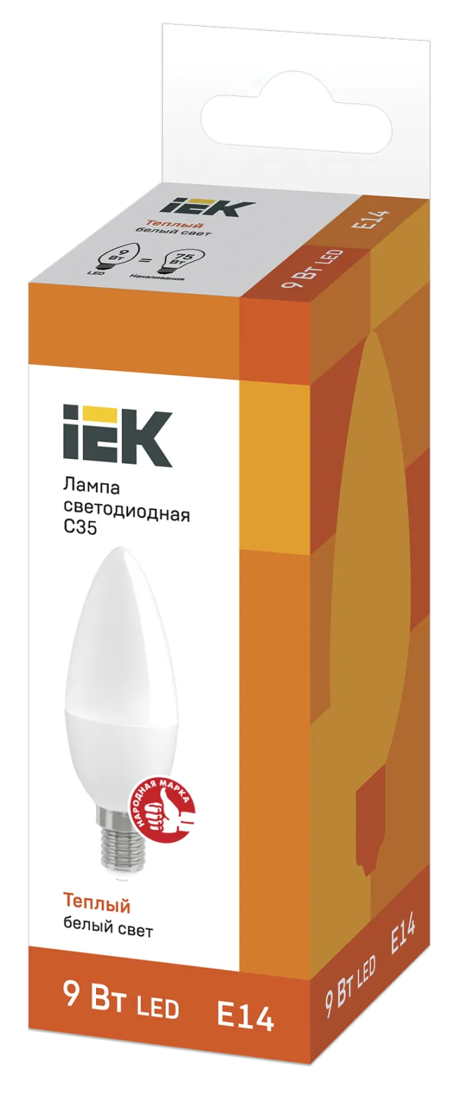 Лампа светодиодная ECO C35 9Вт свеча 3000К E14 230В IEK LLE-C35-9-230-30-E14