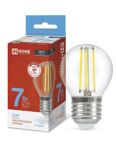 Лампа светодиодная LED-ШАР-deco 7Вт шар прозрачная 6500К холод. бел. E27 810лм 230В IN HOME 46906120