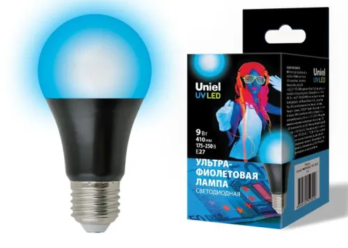 Лампа светодиодная LED-A60-9W/UVAD/E27/FR PLZ07BK 410нм ультрафиолетовая для дискотек спектр UVA кар