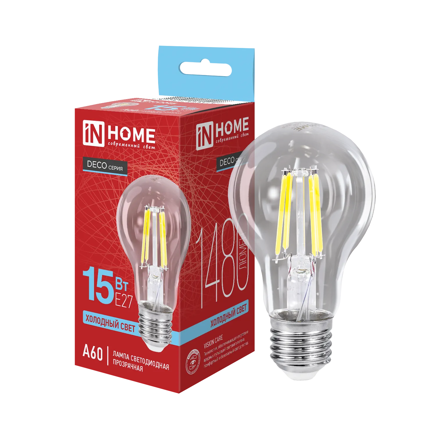 Лампа светодиодная филаментная LED-A60-deco грушевидная прозрачная 15Вт 230В E27 6500К 1480лм IN HOM