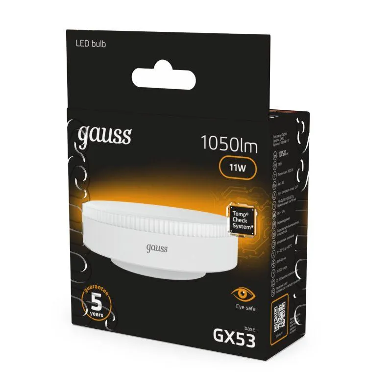Лампа светодиодная Black 11Вт таблетка 3000К тепл. бел. GX53 1050лм GAUSS 108008111