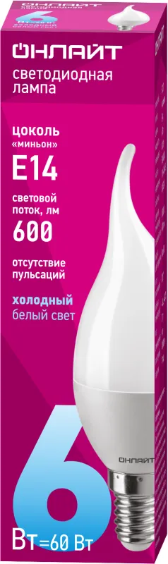 Лампа светодиодная 61 131 OLL-FC37-6-230-6.5K-E14-FR 6Вт свеча на ветру 6500К холод. бел. E14 480лм 