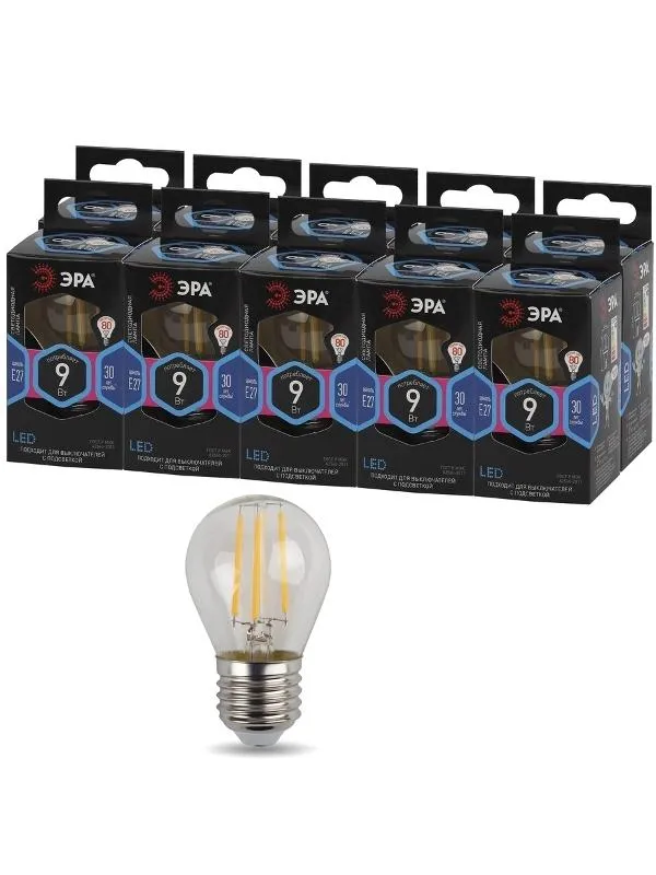 Лампа светодиодная F-LED P45-9w-840-E27 (филамент, шар, 9Вт, нейтр, E27) | Б0047029 | ЭРА