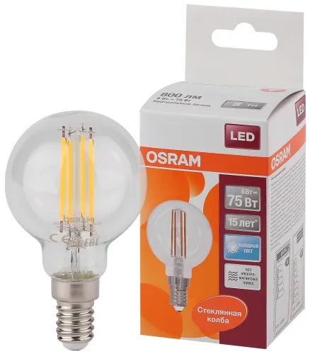 Лампа светодиодная LED 6Вт E14 CLP75 белый, Filament прозр.шар OSRAM