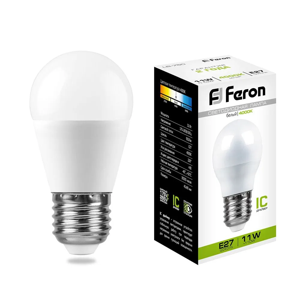 Лампа светодиодная LB-750 11Вт G45 шар 4000К E27 230В FERON 25950