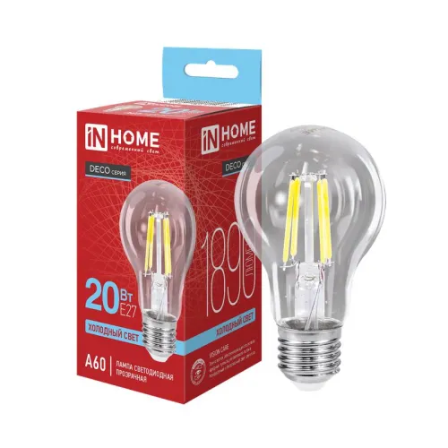 Лампа светодиодная филаментная LED-A60-deco грушевидная прозрачная 20Вт 230В E27 6500К 1890лм IN HOM