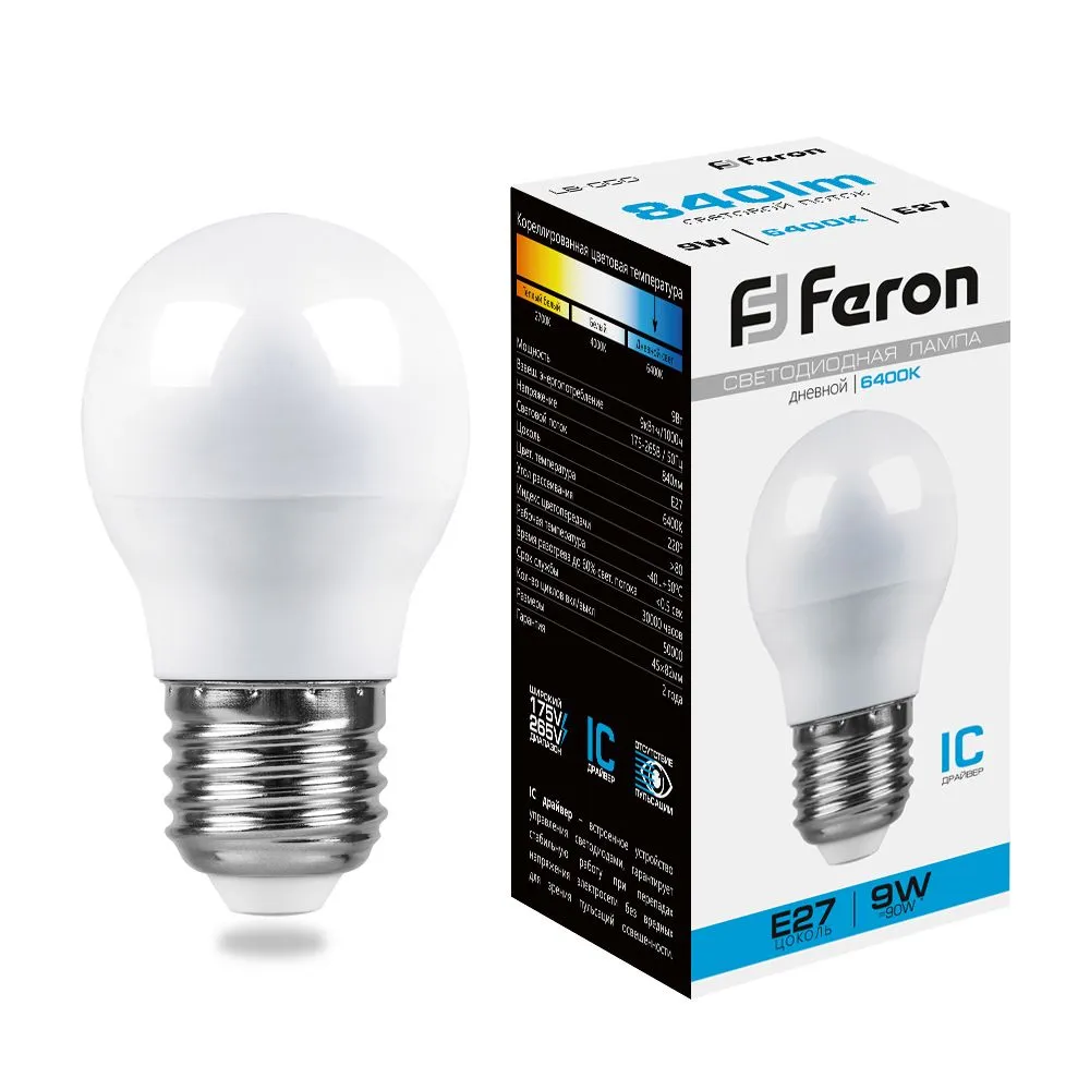 Лампа светодиодная LB-550 9Вт G45 шар 6400К E27 230В FERON 25806