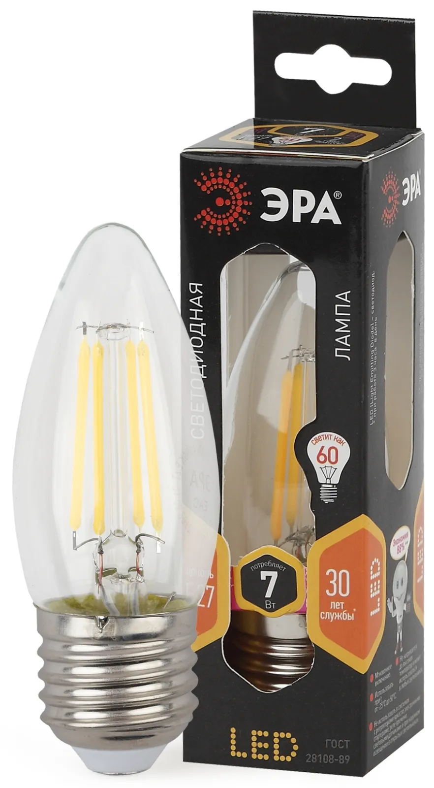Лампа светодиодная F-LED B35-7W-827-E27 Лампы СВЕТОДИОДНЫЕ F-LED ЭРА (филамент, свеча, 7Вт, тепл, E2