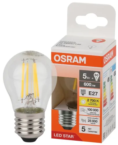 Лампа светодиодная, филаментная 5 Вт E27 2700 K 600 Lm 300 град. LED Star OSRAM 4058075684669
