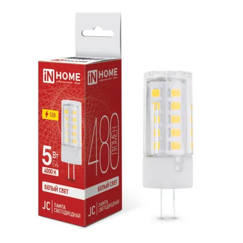 Лампа светодиодная LED-JC 5Вт капсульная прозрачная 4000К нейтр. бел. G4 480лм 12В IN HOME 469061203