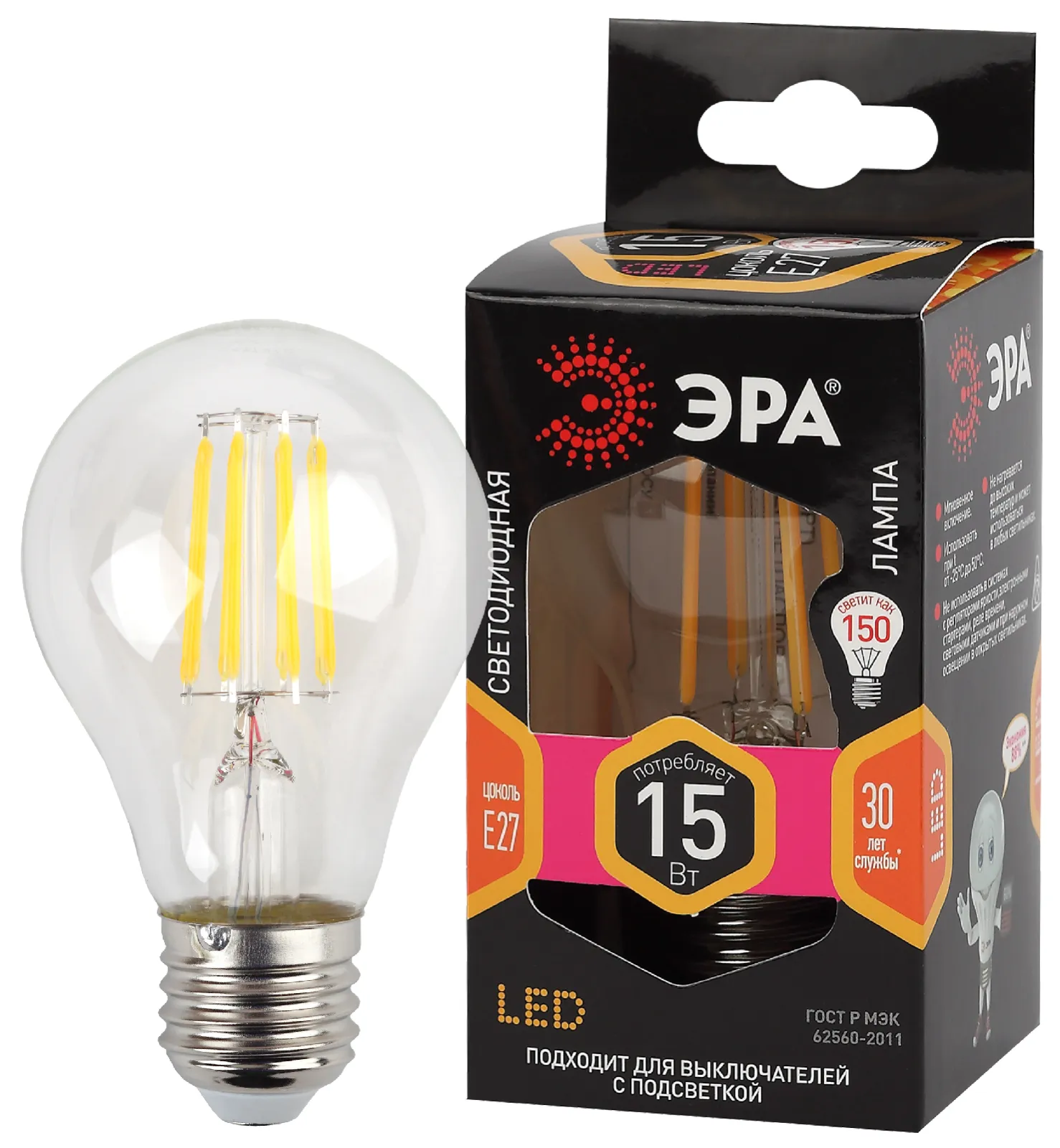 Лампа светодиодная F-LED A60-15W-827-E27 (филамент, груша, 15Вт, тепл, Е27) | Б0046981 | ЭРА