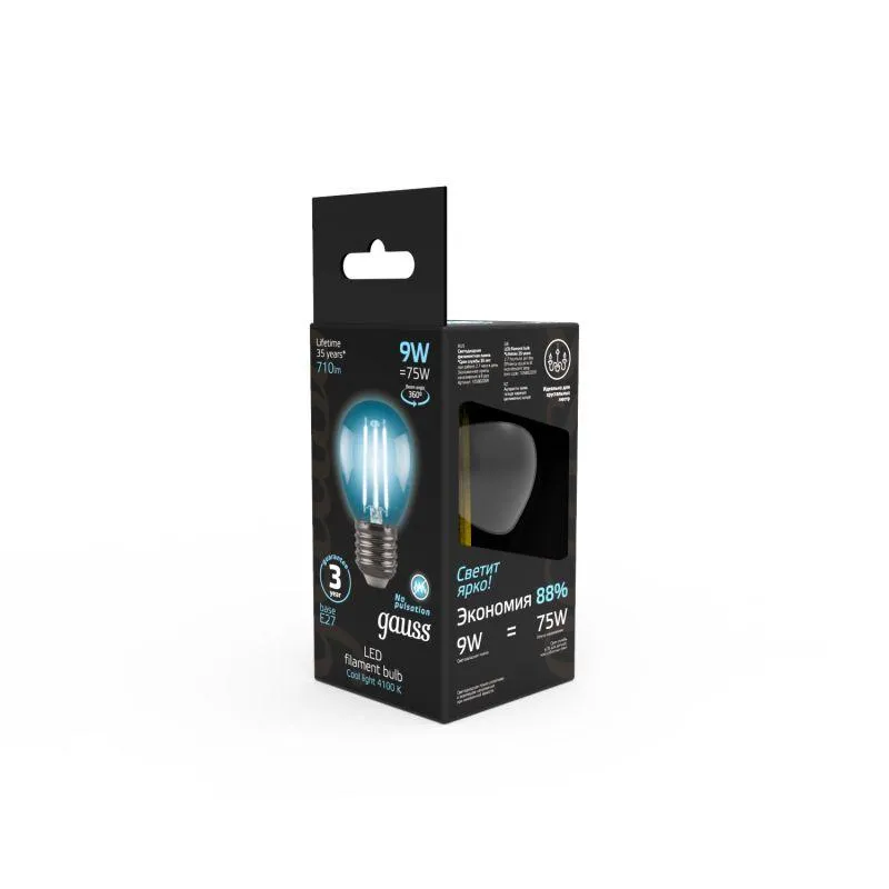Лампа светодиодная филаментная Black Filament 9Вт P45 шар 4100К нейтр. бел. E27 710лм GAUSS 10580220