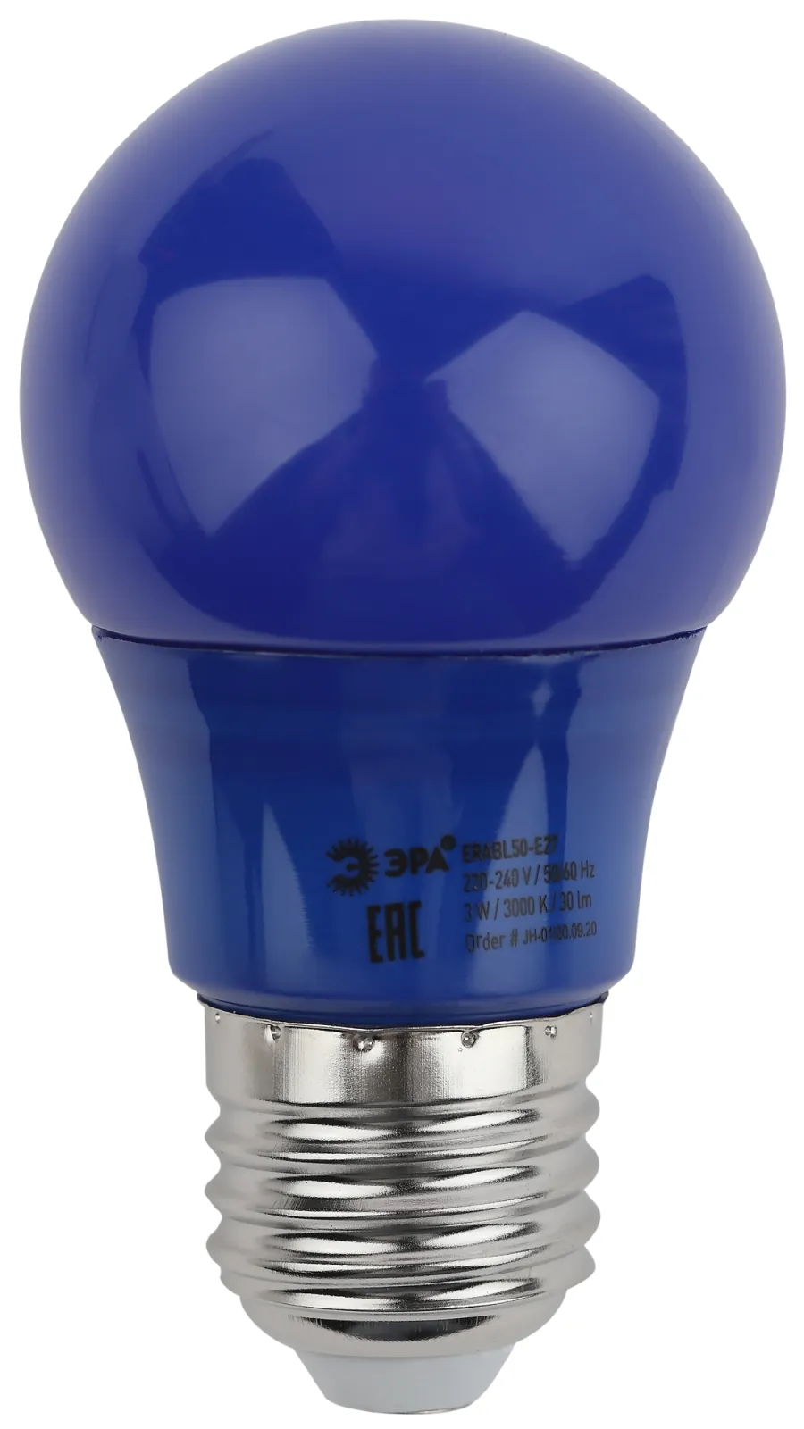 Лампы cветодиодные ERABL50-E27 LED A50-3W-E27 (диод. груша син., 13SMD, 3W, E27, для белт-лайт) (10/