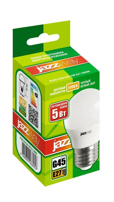 Лампа светодиодная LED 5Вт Е27 220В 3000К PLED- ECO-G45 шар | 1036957A | Jazzway