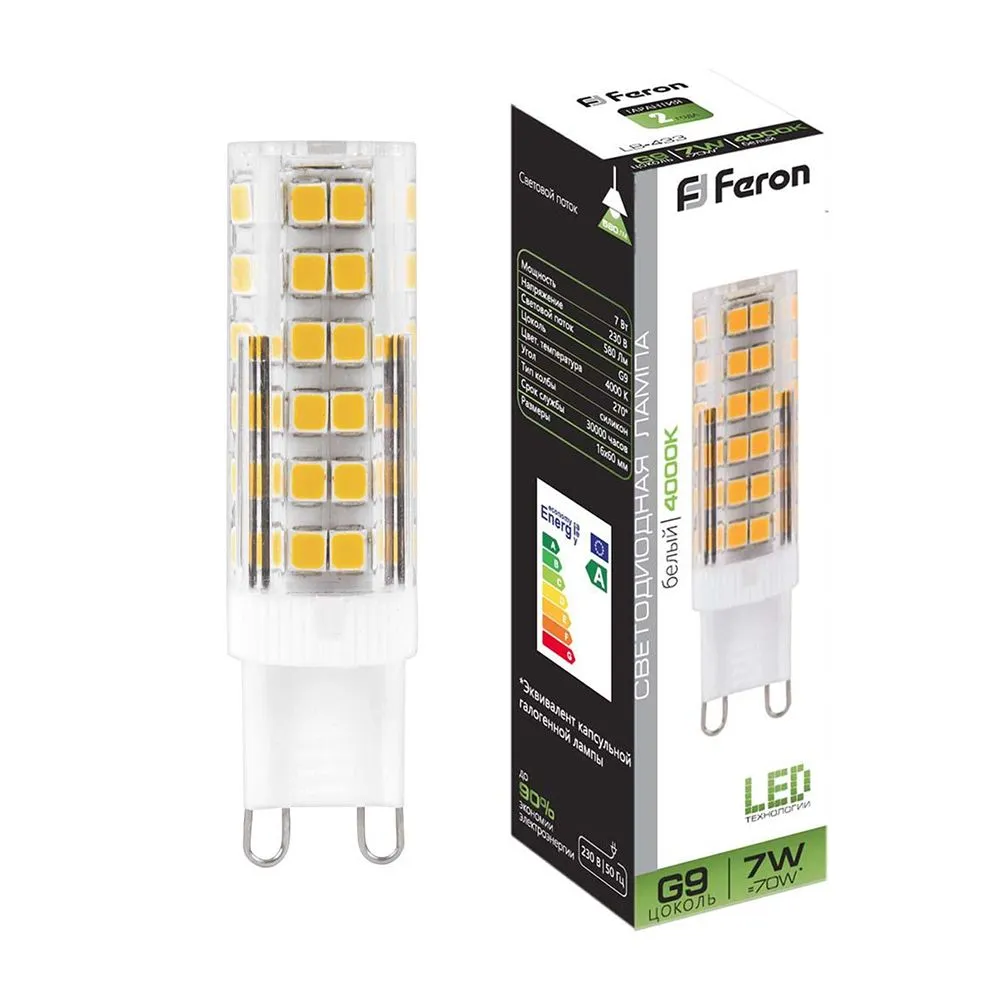 Лампа светодиодная LB-433 7Вт JCD9 4000К G9 230В FERON 25767