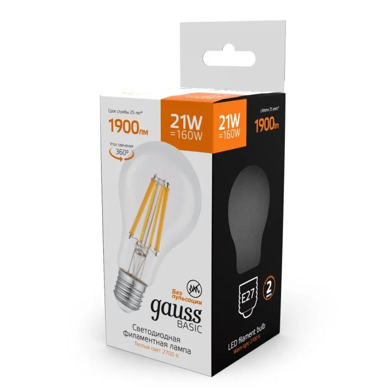 Лампа Gauss Basic Filament А70 21W 1900lm 2700К Е27 LED 1/10/40 40712112