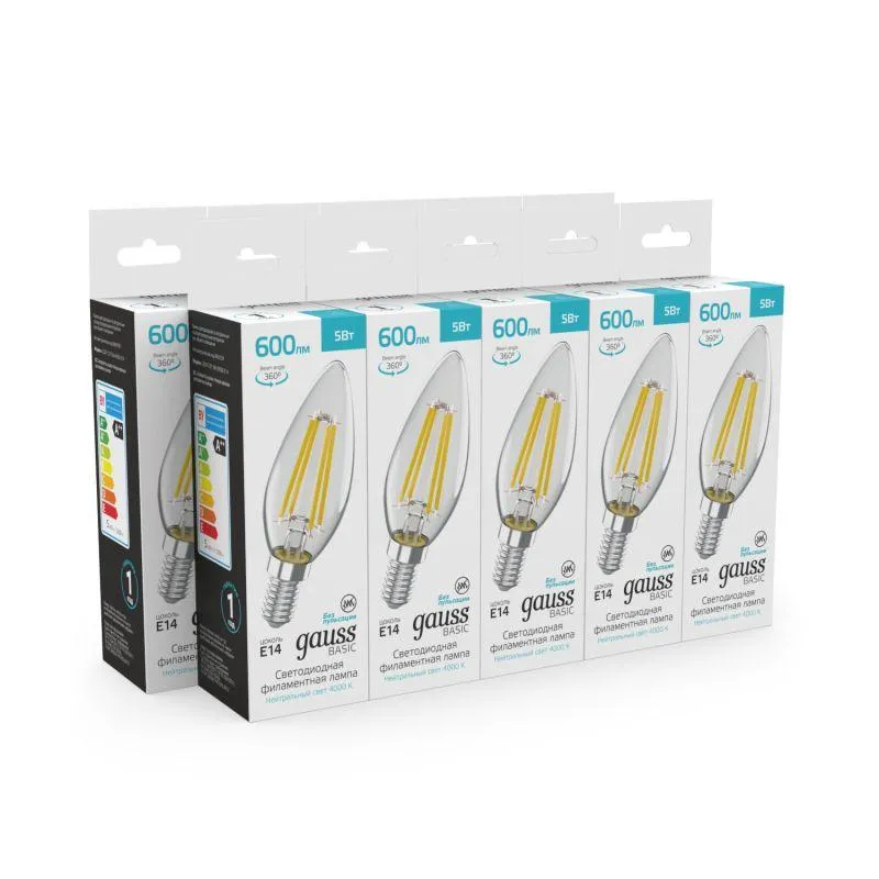 Лампа Gauss Basic Filament Свеча 5W 600lm 4000K E14 LED 1/10/50 50312252