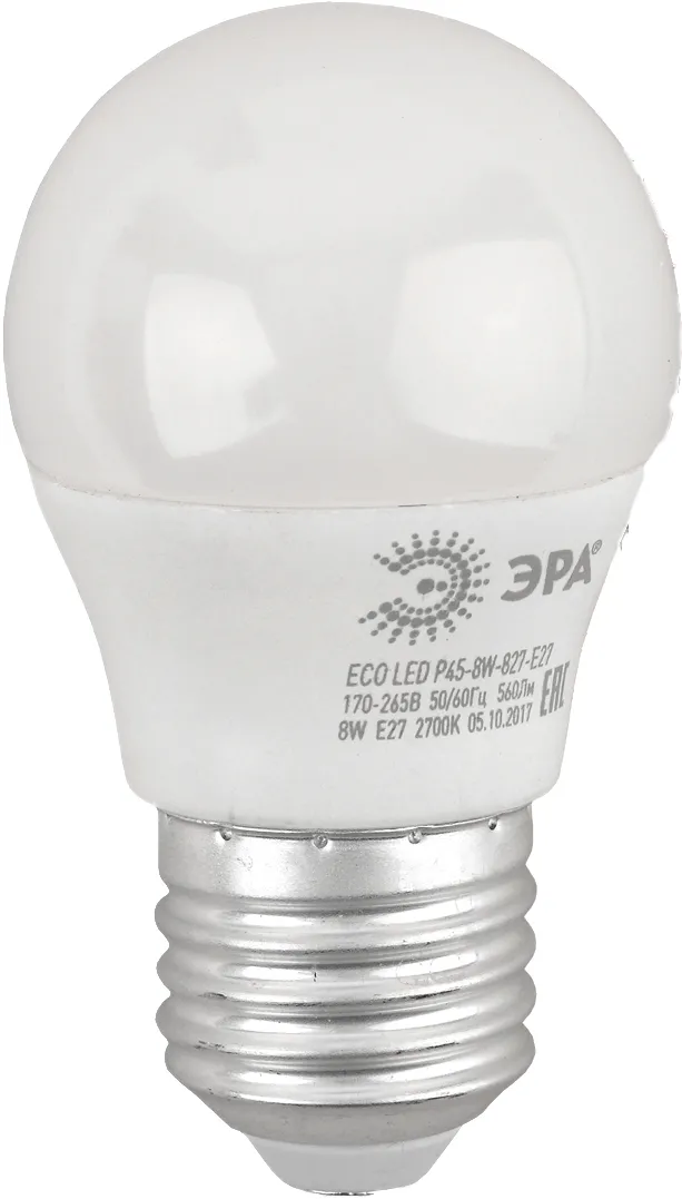 Лампа cветодиодная ECO LED P45-8W-827-E27 (диод, шар, 8Вт, тепл, E27) (10/100/3600) | Б0030024 | ЭРА