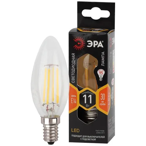 Лампа светодиодная F-LED B35-11w-827-E14 (филамент, свеча, 11Вт, тепл, E14) | Б0046985 | ЭРА