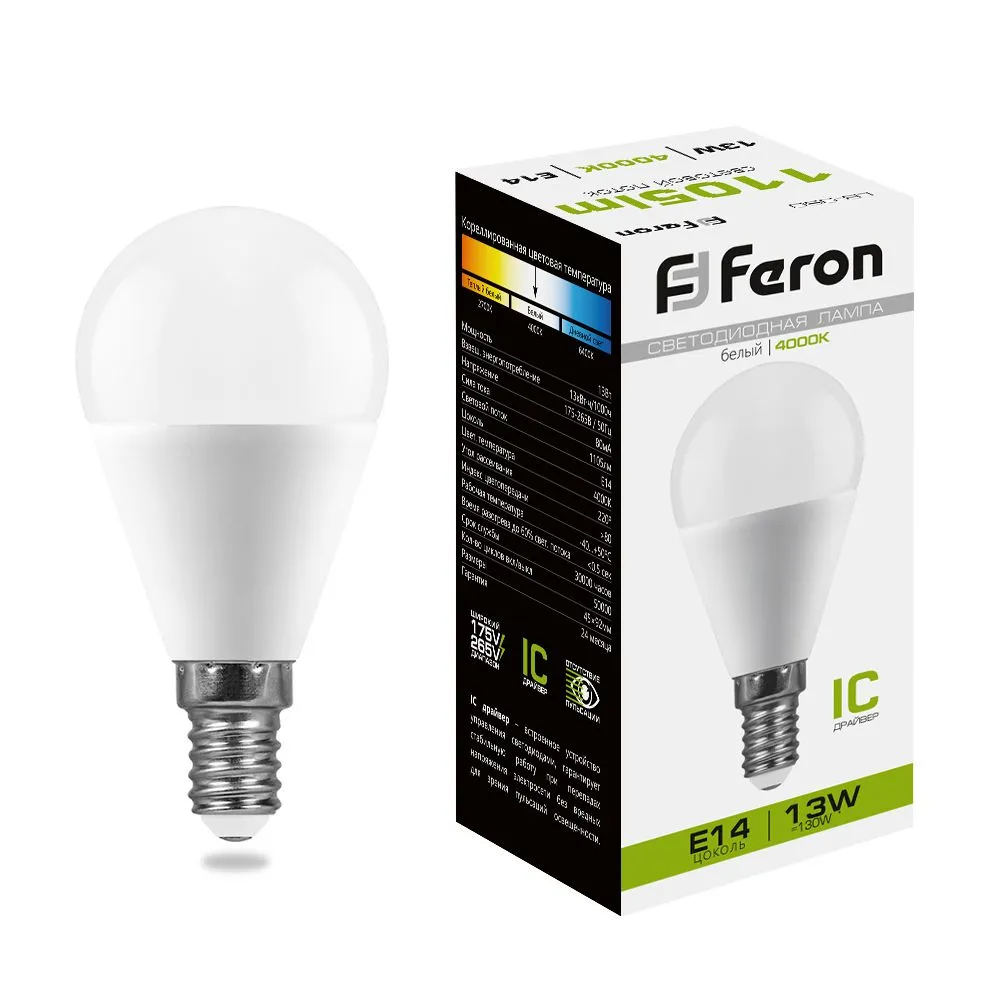 Лампа светодиодная LB-950 13Вт G45 шар 4000К E14 230В FERON 38102