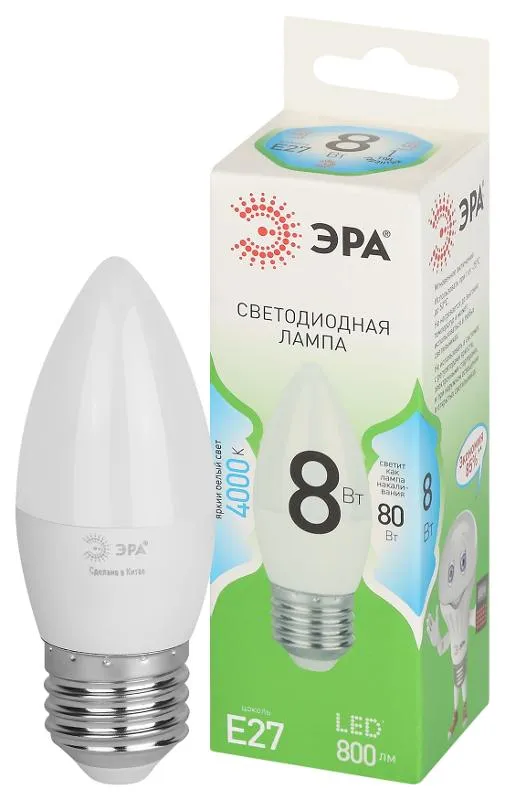 Лампа светодиодная GREEN LINE B35-8W-840-E27 GL E27 8Вт свеча яркий свет бел. Эра Б0067104