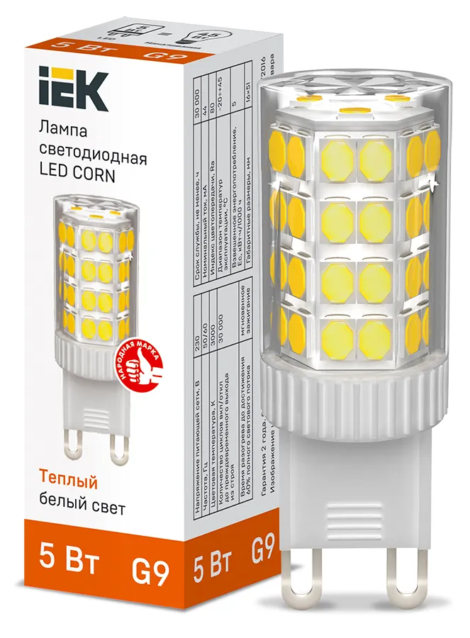 Лампа светодиодная CORN капсула 5Вт 230В 3000К керамика G9 IEK | LLE-CORN-5-230-30-G9 | IEK