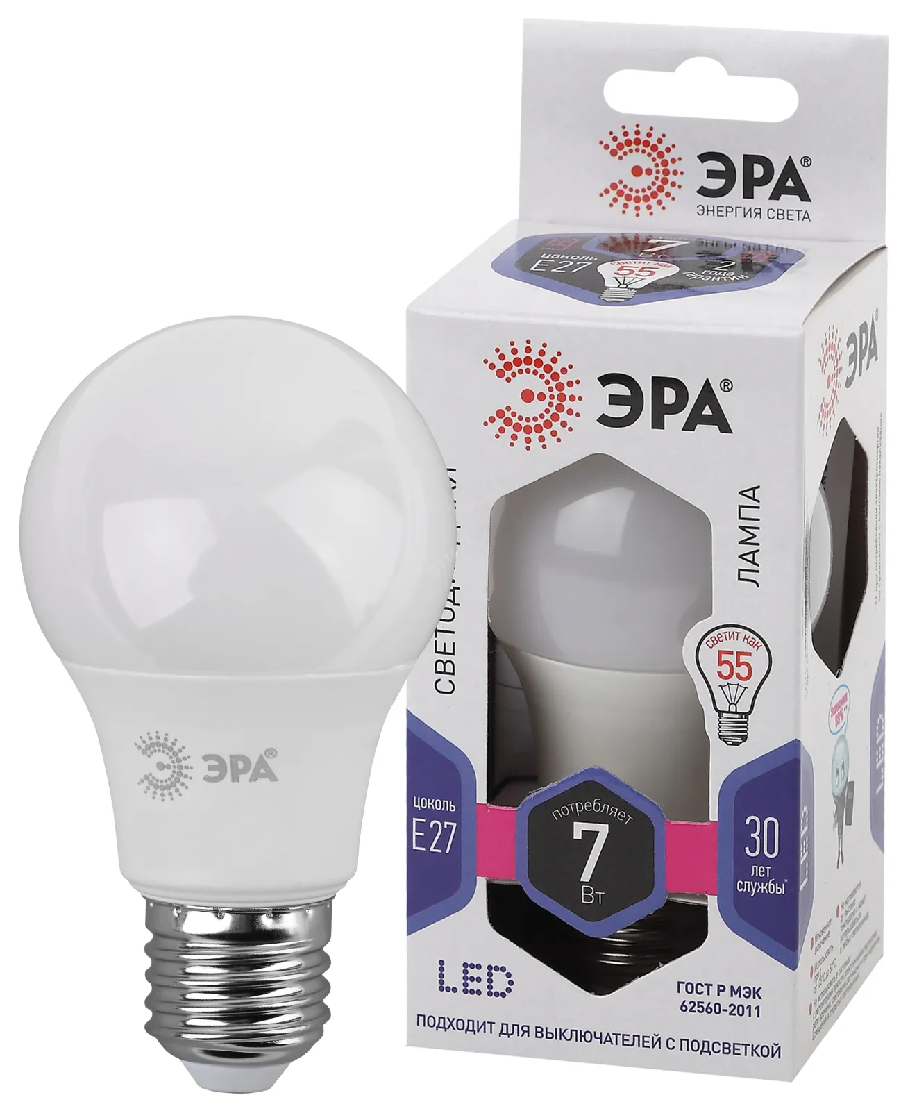 Лампа светодиодная СТАНДАРТ LED A60-7W-860-E27 (диод, груша, 7Вт, хол, E27) | Б0044087 | ЭРА