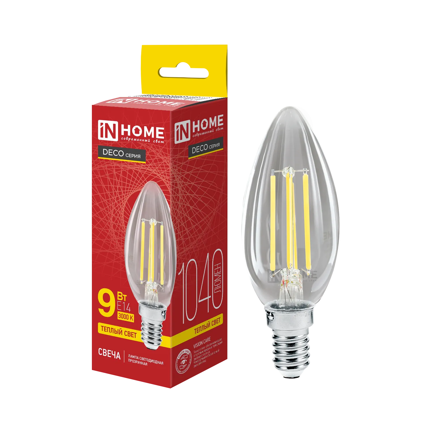Лампа светодиодная LED-СВЕЧА-deco 9Вт свеча прозрачная 3000К тепл. бел. E14 1040лм 230В IN HOME 4690