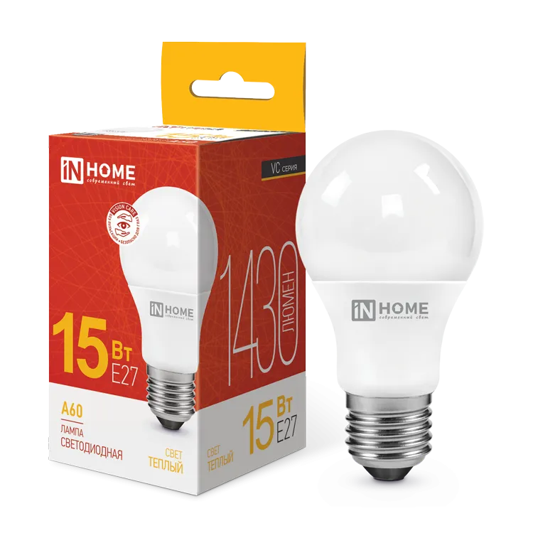 Лампа светодиодная LED-A60-VC 15Вт грушевидная 3000К тепл. бел. E27 1430лм 230В IN HOME 469061202026