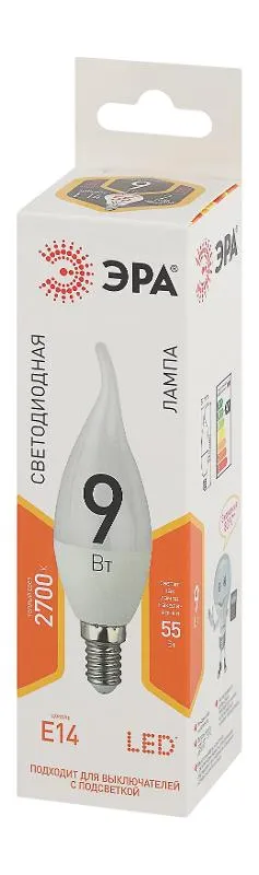Лампа светодиодная LED BXS-9W-827-E14 Лампы СВЕТОДИОДНЫЕ СТАНДАРТ ЭРА (диод, свеча на ветру, 9Вт, те
