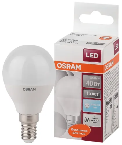 Лампа светодиодная LED 5Вт Е14 4000К LS CLP 5W/840 220-240V FR E14 470lm 240° 15000h шарик | 4058075