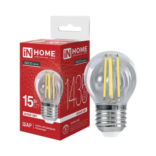 Лампа светодиодная филаментная LED-ШАР-deco шар прозрачная 15Вт 230В E27 4000К 1435лм IN HOME 469061