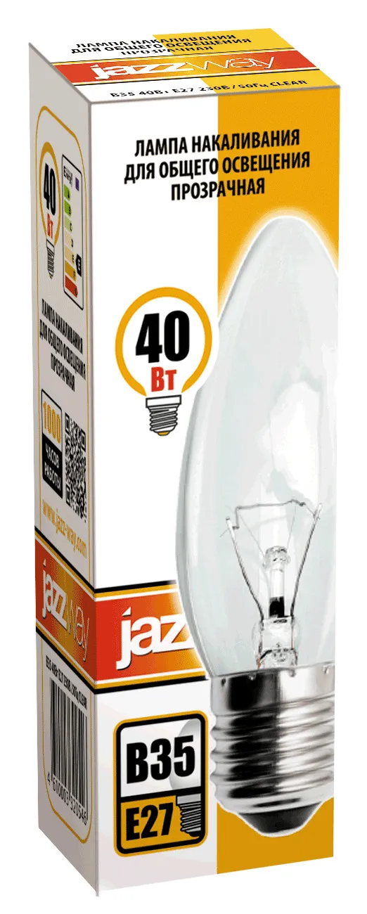 Лампа накаливания ЛОН  40Вт Е27 240В B35 clear | 3320546 | Jazzway