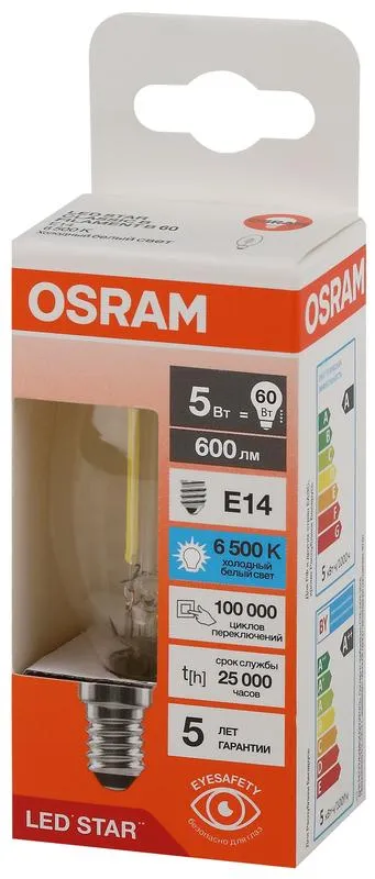 Лампа светодиодная, филаментная 5 Вт E14 6500 K 600 Lm 300 град. LED Star OSRAM 4058075687974