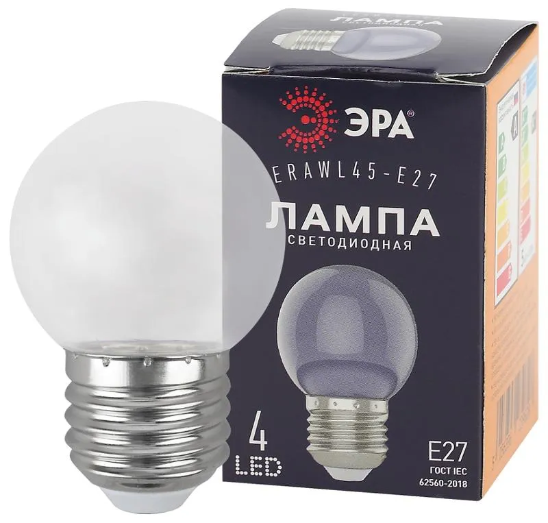 Лампы cветодиодные ERAWL45-E27 LED P45-1W-Е27 (диод. шар, прозр., 4SMD, 1W, E27, для белт-лайт) (10/
