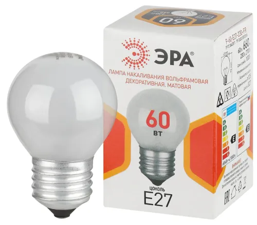 Лампа накаливания P45 60Вт шар E27/E27 230В матов. ЭРА Б0066371