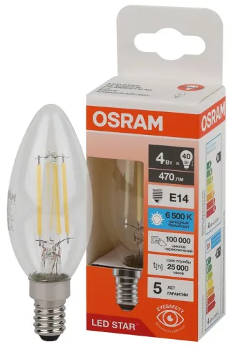 Лампа светодиодная, филаментная 4 Вт E14 6500 K 470 Lm 300 град. LED Star OSRAM 4058075687943