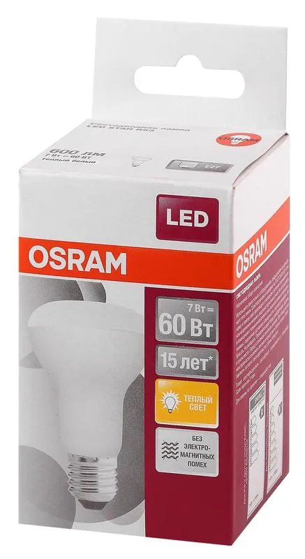Лампа светодиодная LED STAR R63 7W, Е27 LEDSR6360 7W/830 230VFR E27 10X1 RU | 4058075282629 | Osram