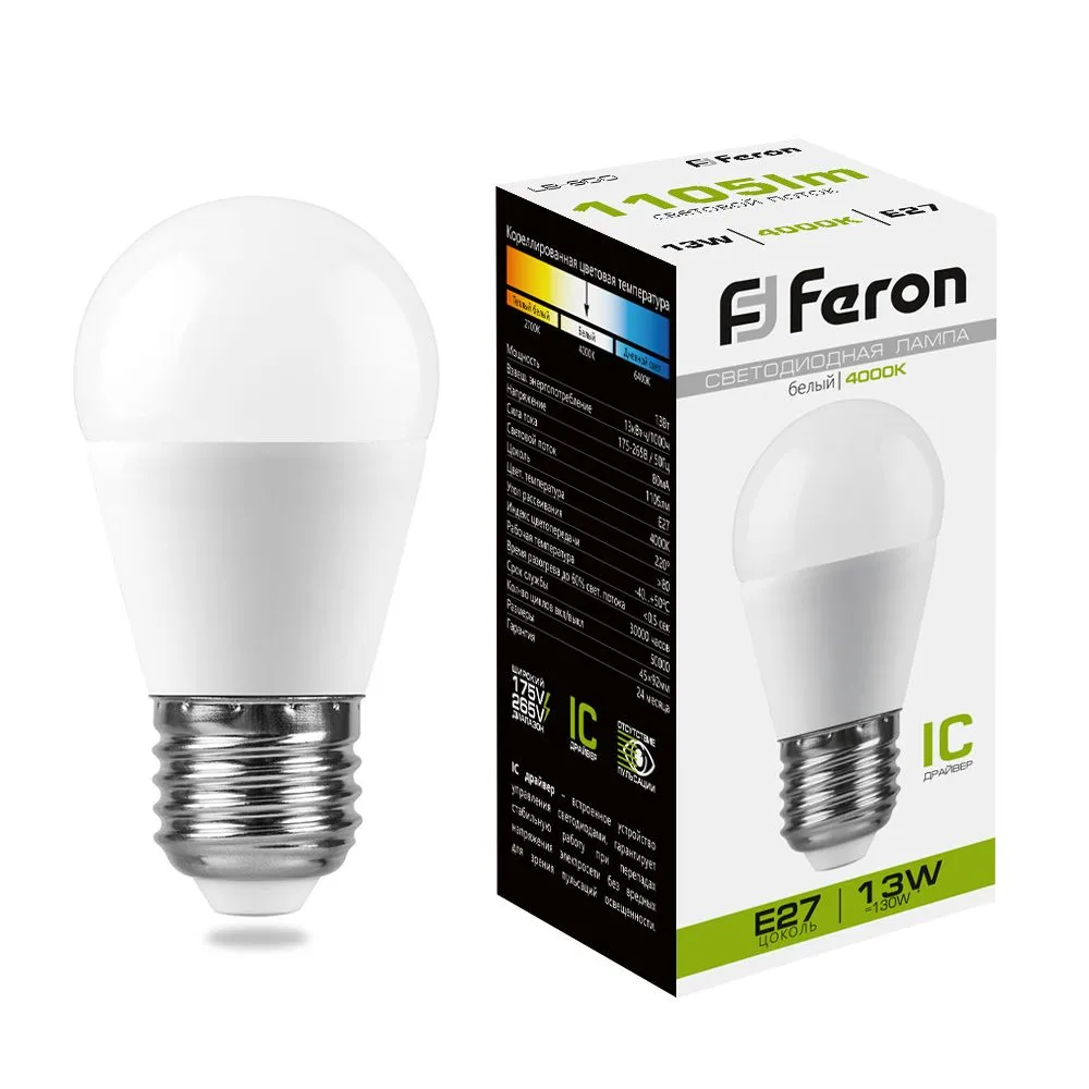 Лампа светодиодная LB-950 13Вт G45 шар 4000К E27 230В FERON 38105